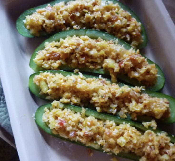 roasted zucchini boats stuffed with a mixture of black-eyed peas and garlic